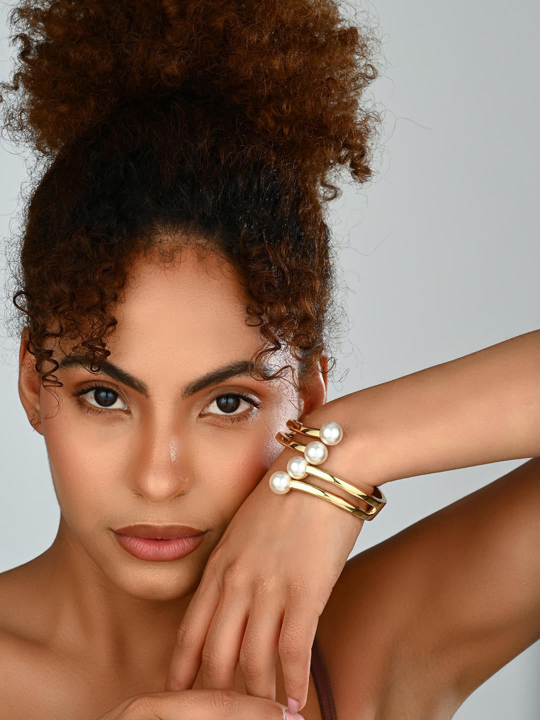 Elegant Pearl Detail Gold Statement Bangle
