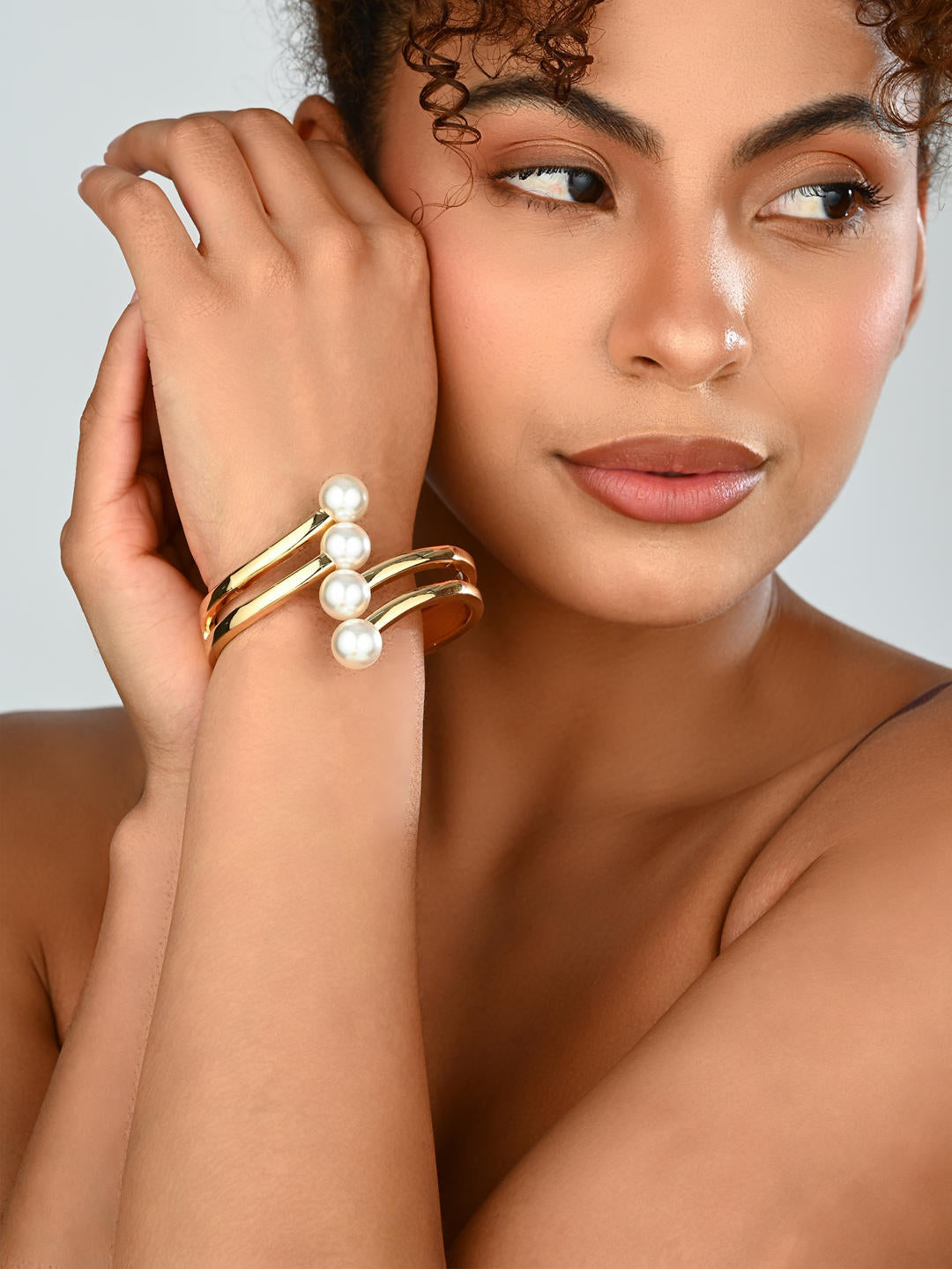 Elegant Pearl Detail Gold Statement Bangle