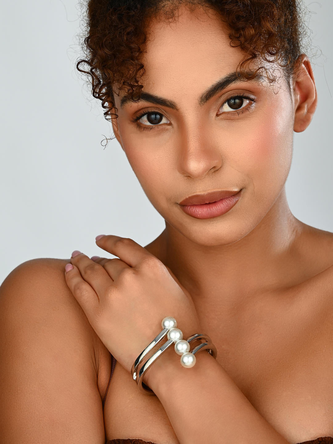 Pearl Accent Silver-Tone Open Cuff Bangle