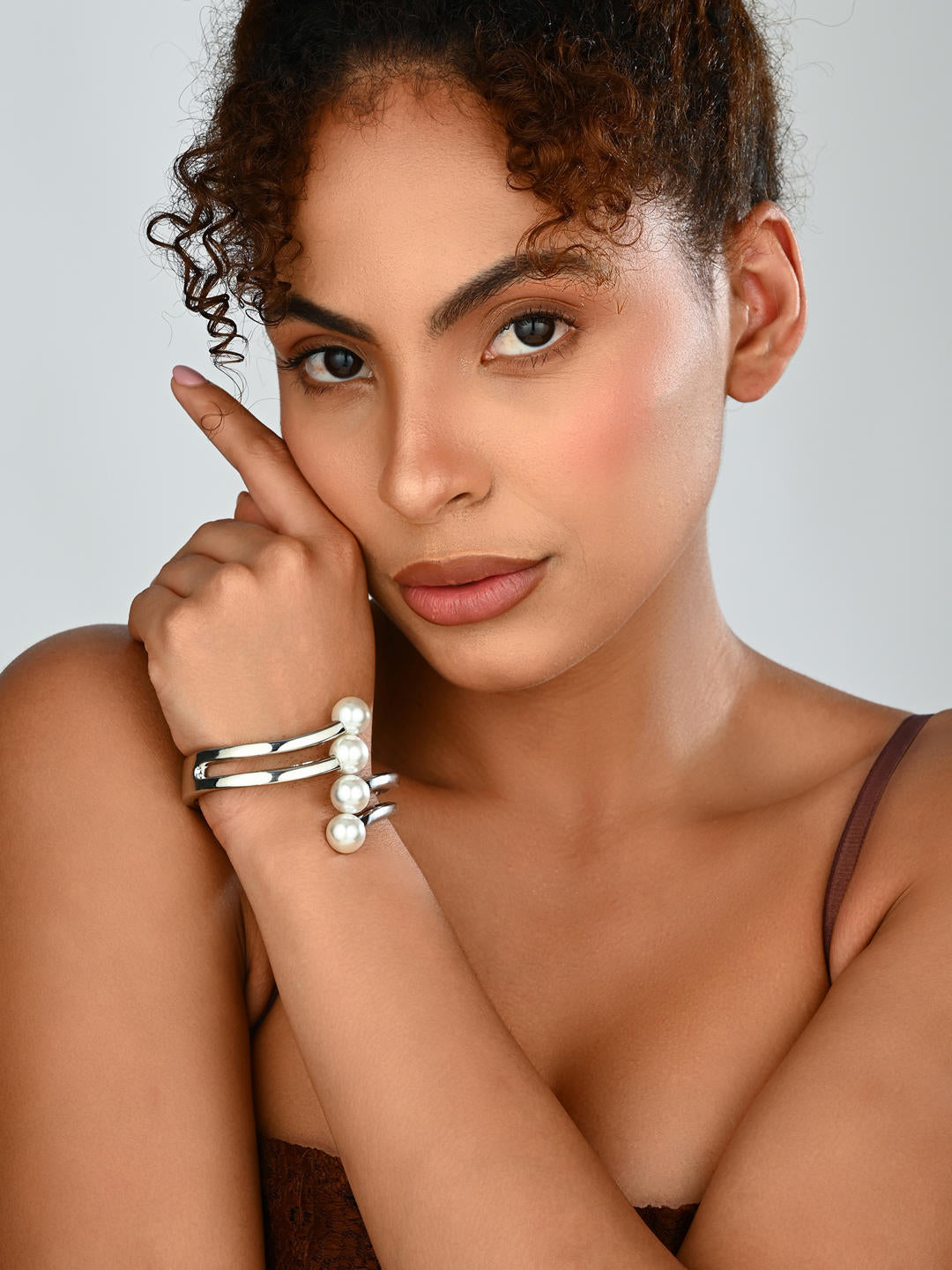 Pearl Accent Silver-Tone Open Cuff Bangle