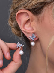 Blue Crystal Butterfly Earring with Pearl Drop