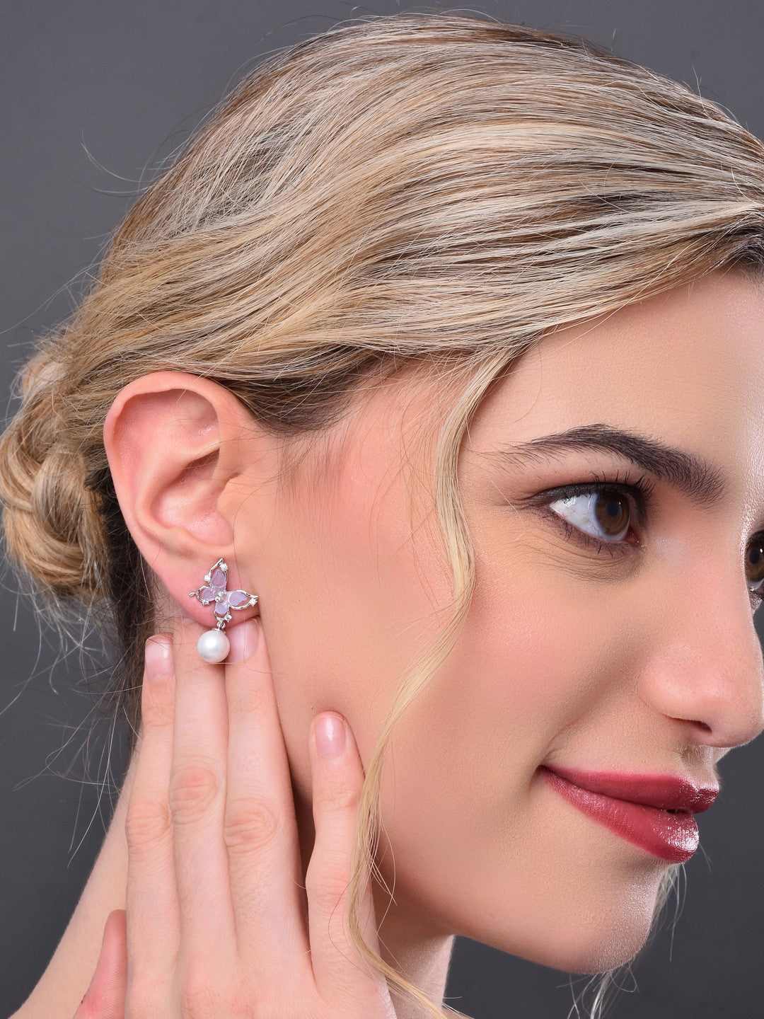 Purple Crystal Butterfly Earring with Pearl Drop
