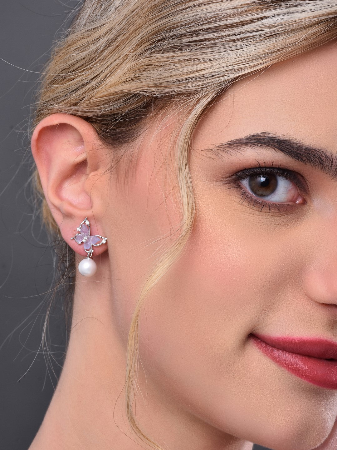 Purple Crystal Butterfly Earring with Pearl Drop