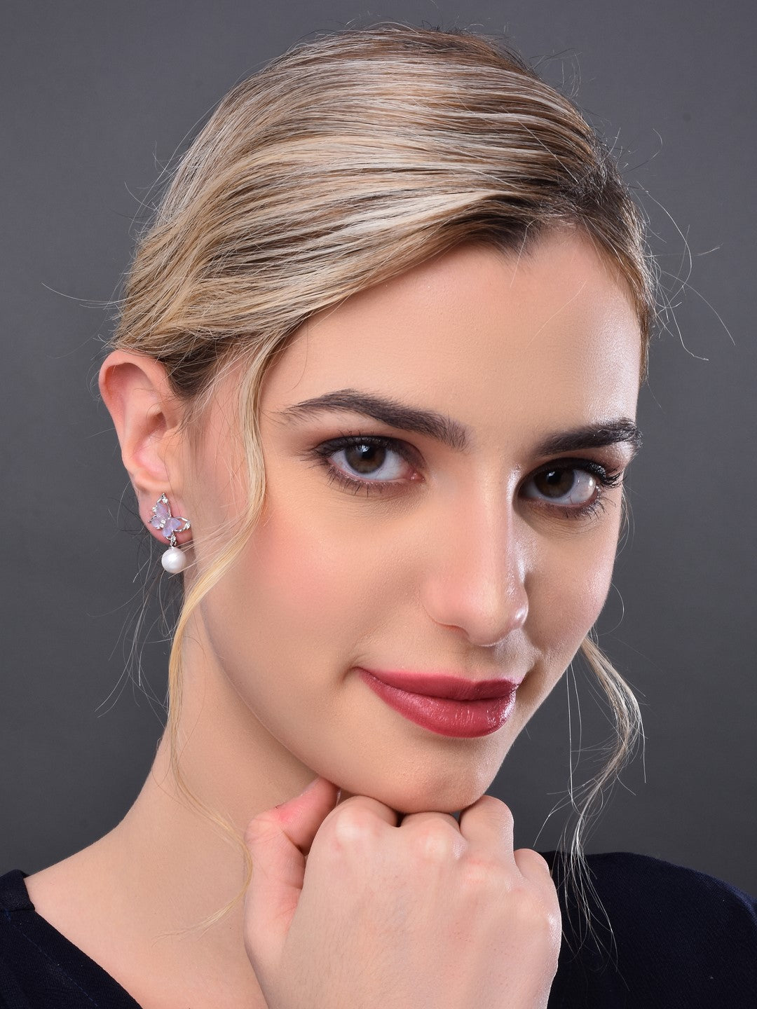 Purple Crystal Butterfly Earring with Pearl Drop