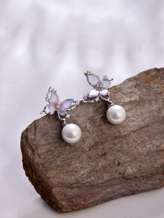 Purple Crystal Butterfly Earring with Pearl Drop