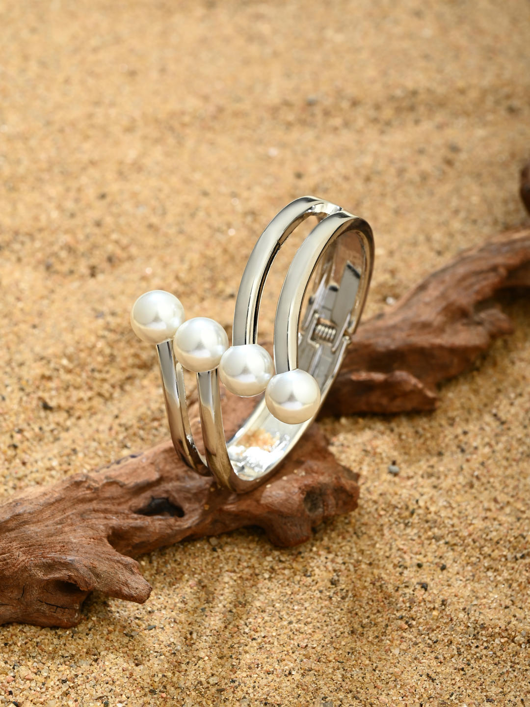 Pearl Accent Silver-Tone Open Cuff Bangle