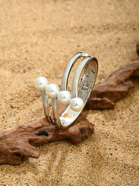 Pearl Accent Silver-Tone Open Cuff Bangle