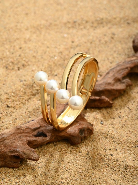 Elegant Pearl Detail Gold Statement Bangle