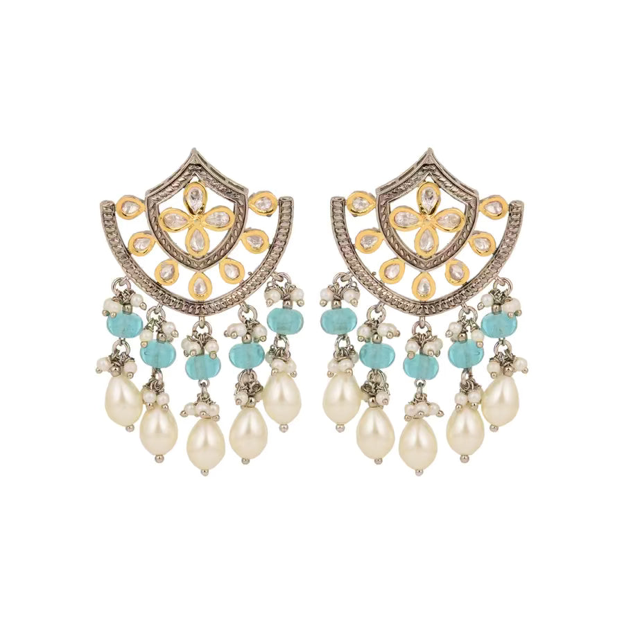 Regal Kundan Pearl & Blue Chandelier Earrings