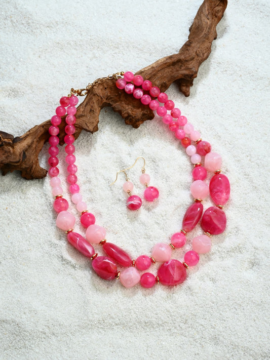 Pink Semi-Precious Stone Layered Necklace Set - Reenisaa