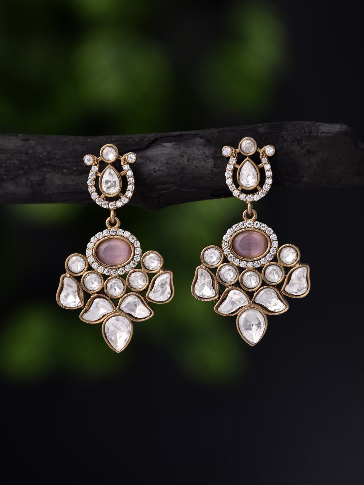 Rose-Tone Kundan Drop Earrings