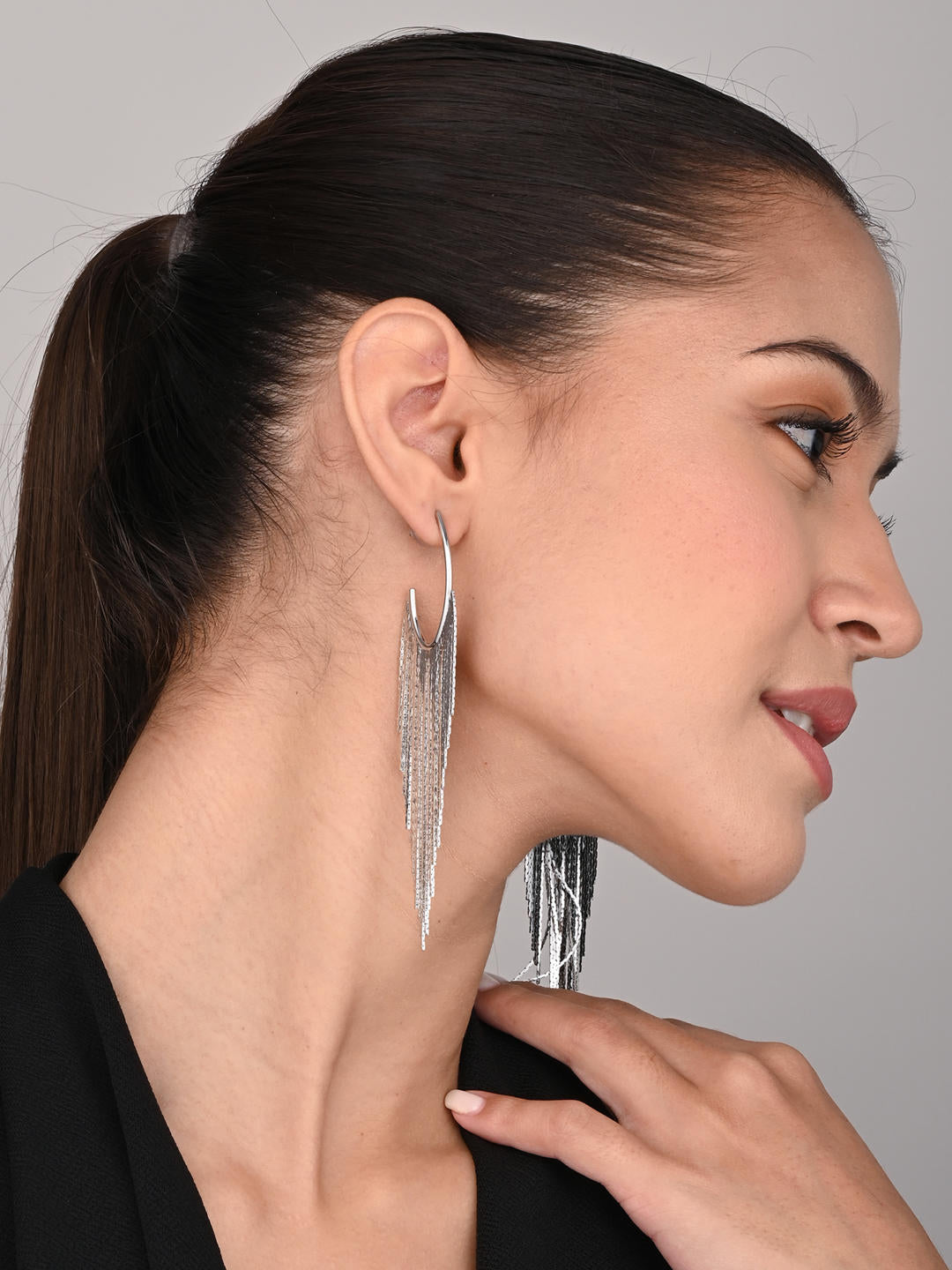 Silver Cascade Fringe Hoop Earrings
