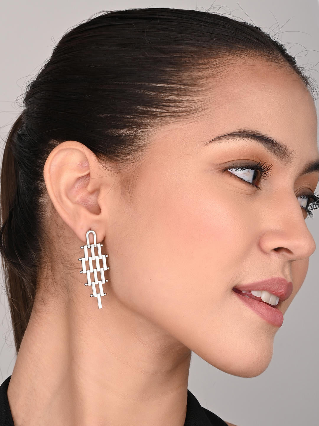 Silver Geometric Link Drop Earrings