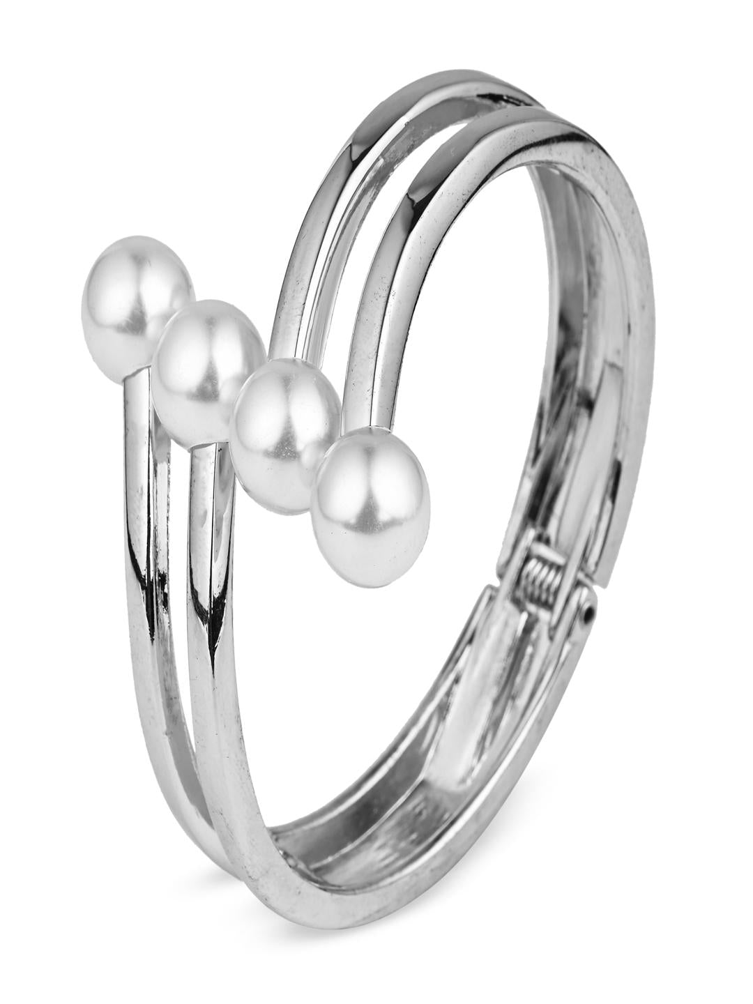 Pearl Accent Silver-Tone Open Cuff Bangle