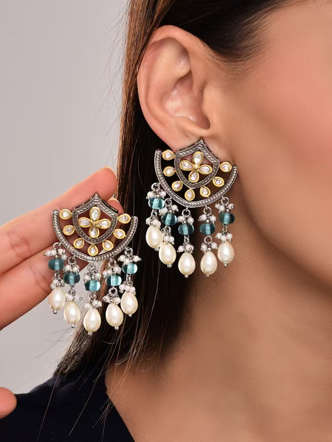 Regal Kundan Pearl & Blue Chandelier Earrings