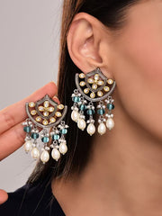 Regal Kundan Pearl & Blue Chandelier Earrings