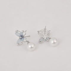 Blue Crystal Butterfly Earring with Pearl Drop