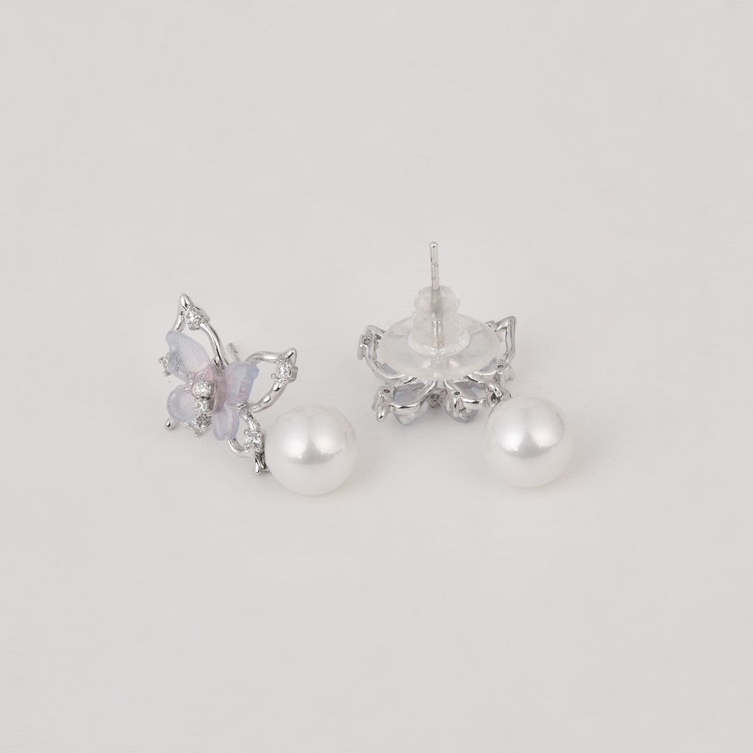 Purple Crystal Butterfly Earring with Pearl Drop
