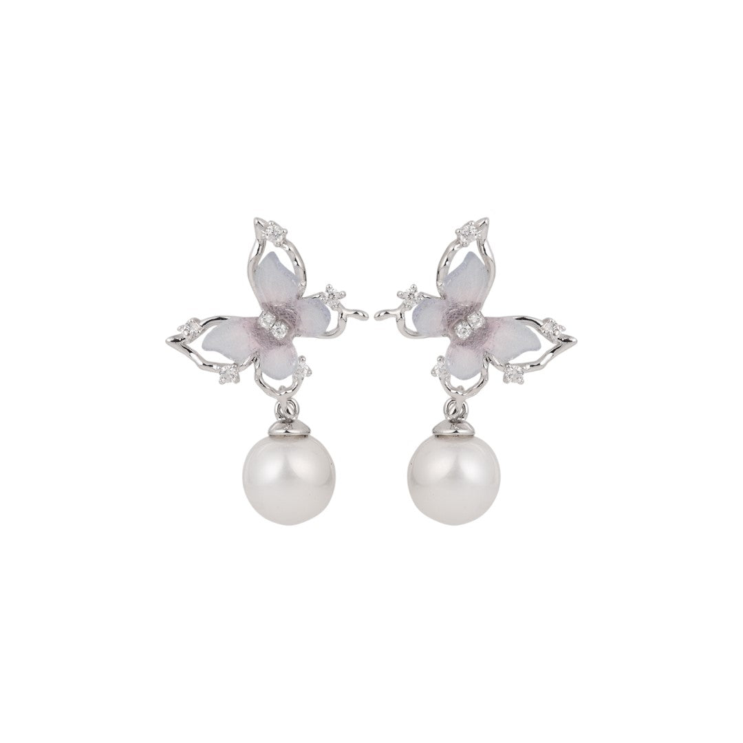 Purple Crystal Butterfly Earring with Pearl Drop