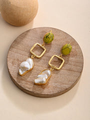 Green Gem & Pearl Dangle Earrings