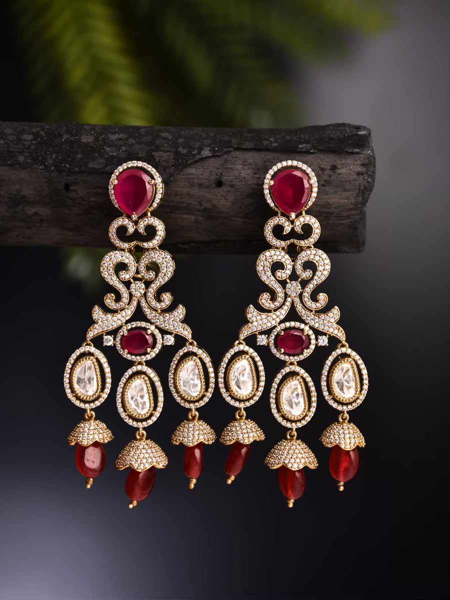 Victorian red kundan danglers