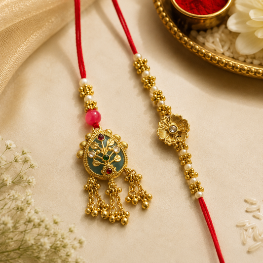 Traditional Bhaiya Bhabhi Rakhi Set – Floral Designer Lumba & Beaded Rakhi Combo