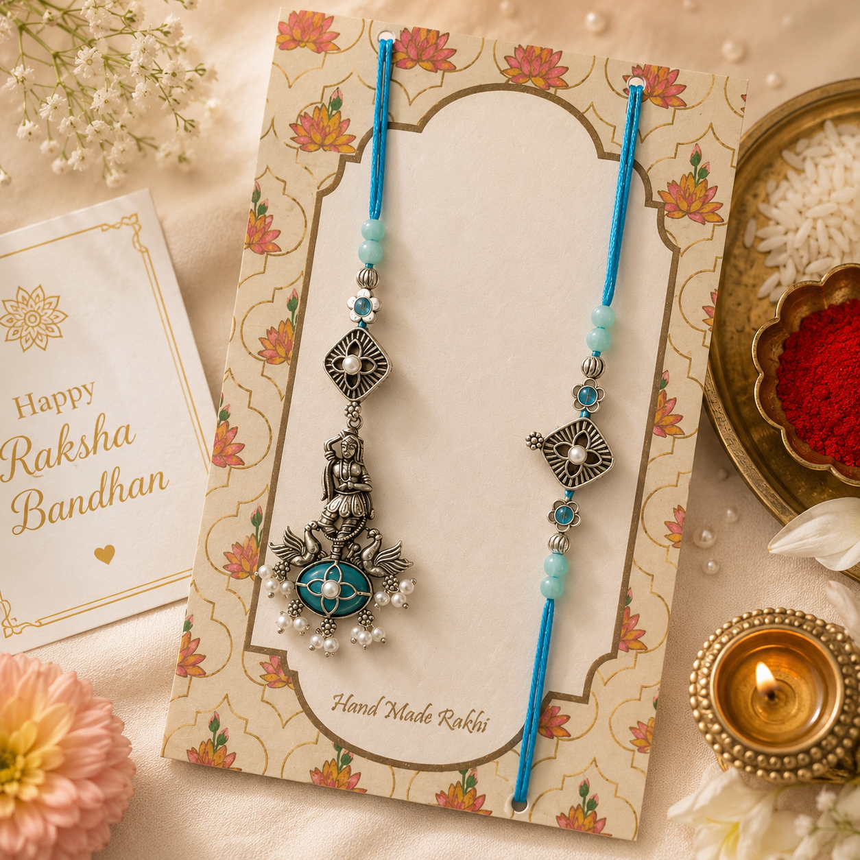 Oxidised Bhaiya Bhabhi Rakhi Set – Divine Krishna Lumba & Pearl Designer Rakhi Combo