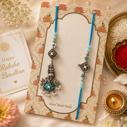 Oxidised Bhaiya Bhabhi Rakhi Set – Divine Krishna Lumba & Pearl Designer Rakhi Combo