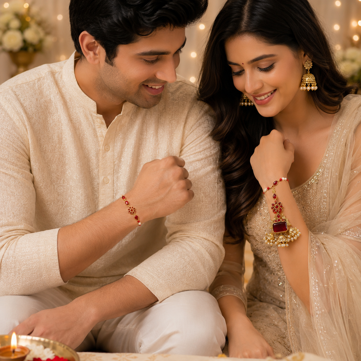 Ruby Red Bhaiya Bhabhi Rakhi Set – Elegant Kundan & Pearl Lumba Rakhi Combo