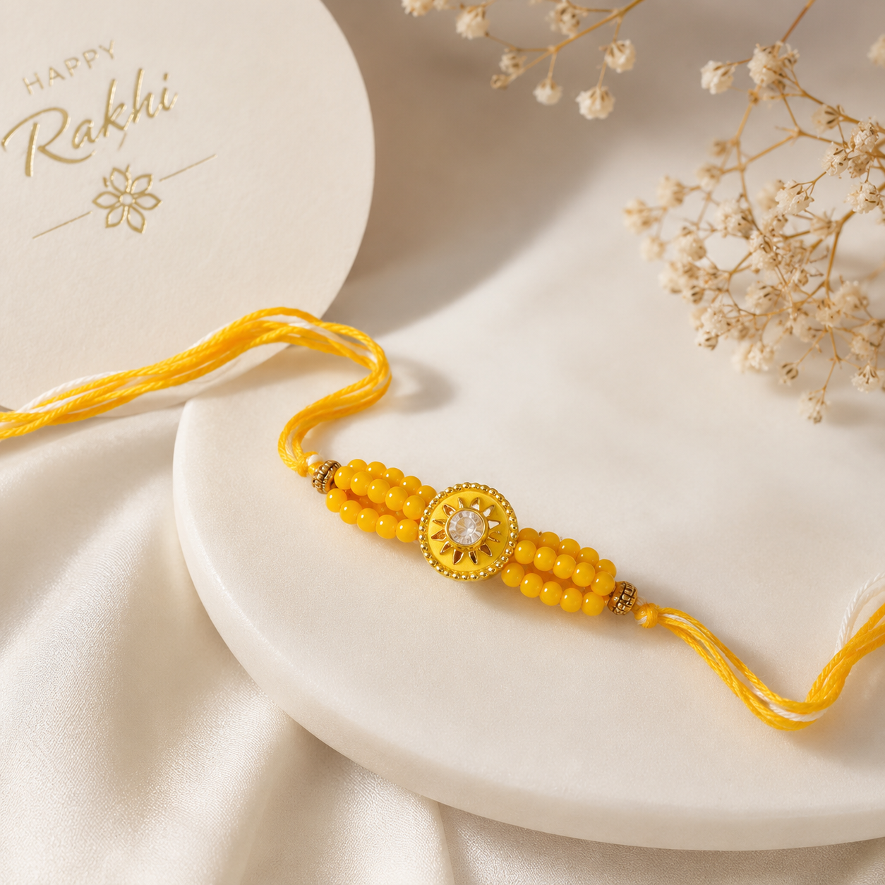 Designer Evil Eye & Yellow Beaded Rakhi Set of 2