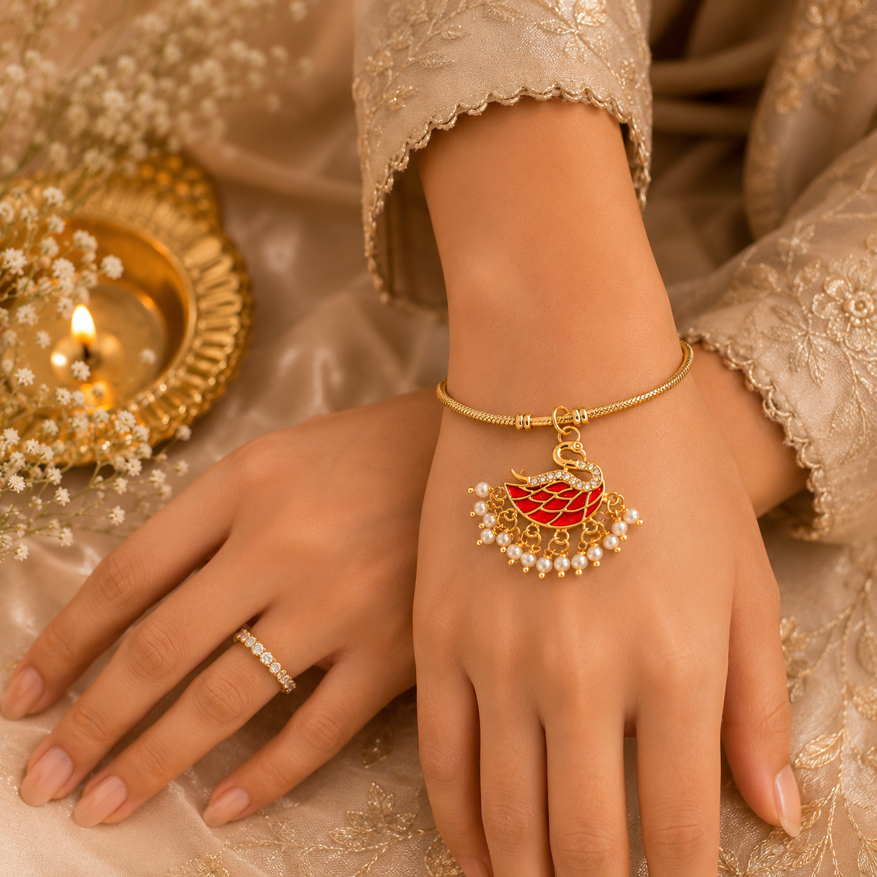 Red Swan Charm Lumba Bracelet with Pearl Tassels