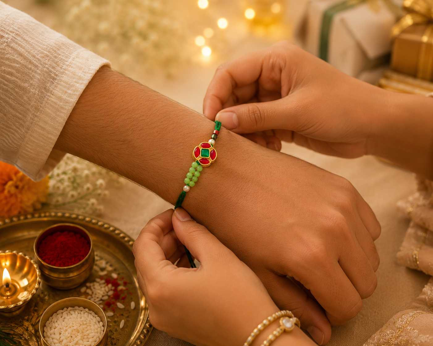 Designer Rakhi Set of 2 | Blue Floral & Green Kundan Rakhi Combo