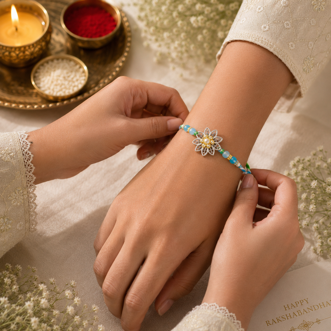 Designer Rakhi Set of 2 – Jade Resin & Floral Charm Handcrafted Rakhis