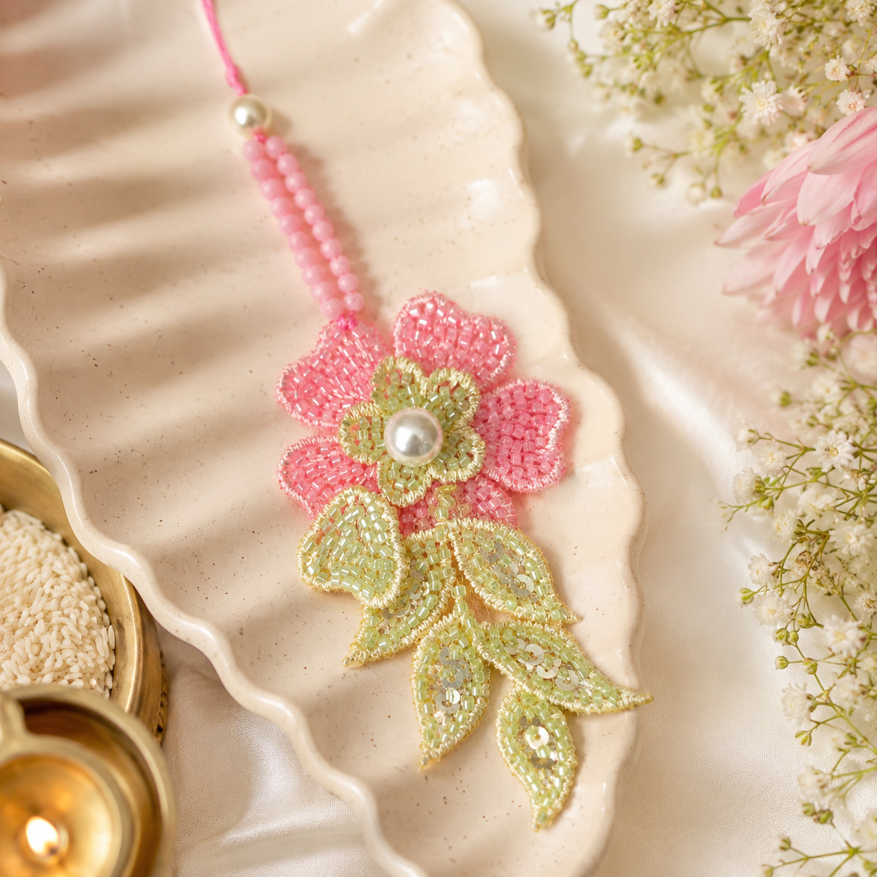 Handcrafted Pink Floral Beaded Lumba Rakhi with Pearl Accent