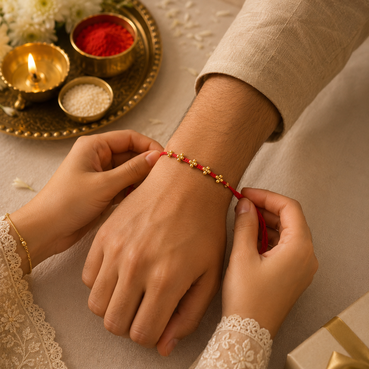Sacred Trio Rakhi Set – Floral Bead, Om Charm & Traditional Thread Rakhi Collection