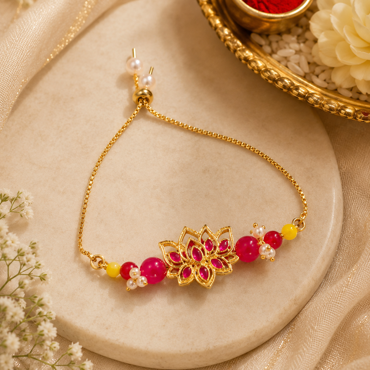 Lotus Designer Rakhi & Bracelet Gift Set – Pink Stone Floral Rakhi Combo