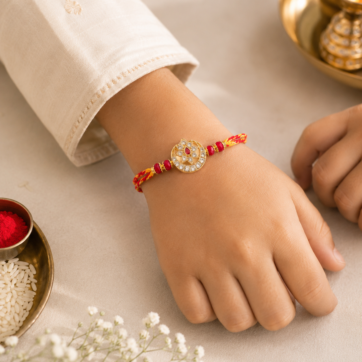 Red Radiance Handmade Rakhi with Crystal Floral Medallion