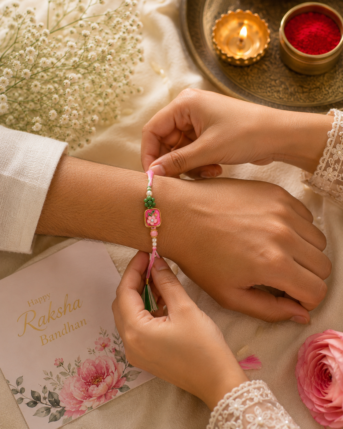 Floral Meenakari Rakhi Set – Handcrafted Pink & Pearl Designer Rakhi Collection (Set of 2)