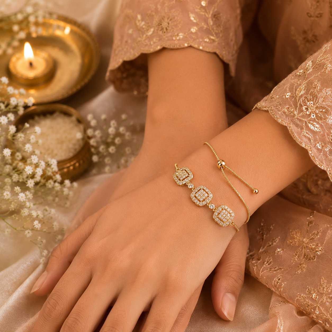 Gold-Tone Crystal Square Adjustable Lumba Rakhi Bracelet