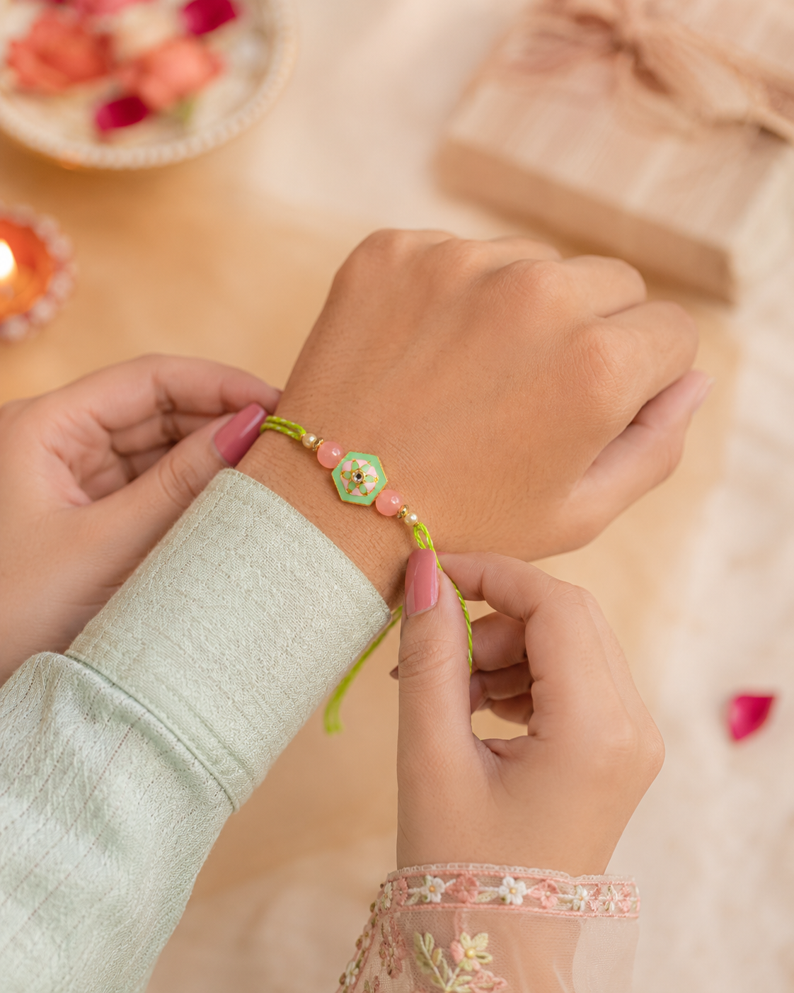 Pastel Bloom Rakhi Set of 2 – Handcrafted Floral Designer Rakhis