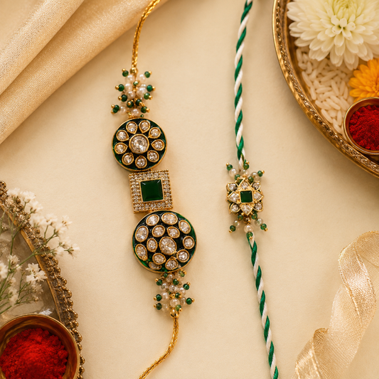 Emerald Green Bhaiya Bhabhi Rakhi Set – Kundan Lumba & Designer Rakhi Combo