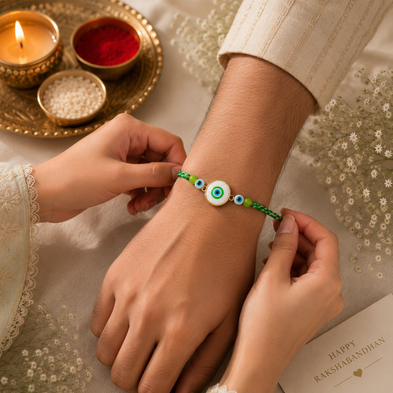 Evil Eye & Pastel Charm Rakhi Set – Handcrafted Designer Rakhi Combo for Brother
