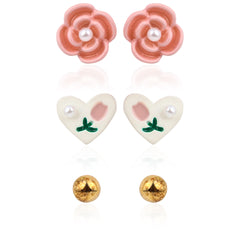 Enamel Flower & Bunny 925 Silver Stud Set (3 Pairs)