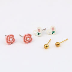Enamel Flower & Bunny 925 Silver Stud Set (3 Pairs)