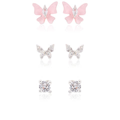 Kids' Dainty Pink Butterfly 925 Silver Stud Trio
