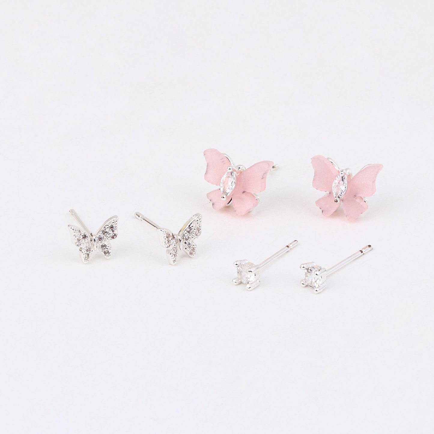 Kids' Dainty Pink Butterfly 925 Silver Stud Trio
