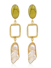 Green Gem & Pearl Dangle Earrings