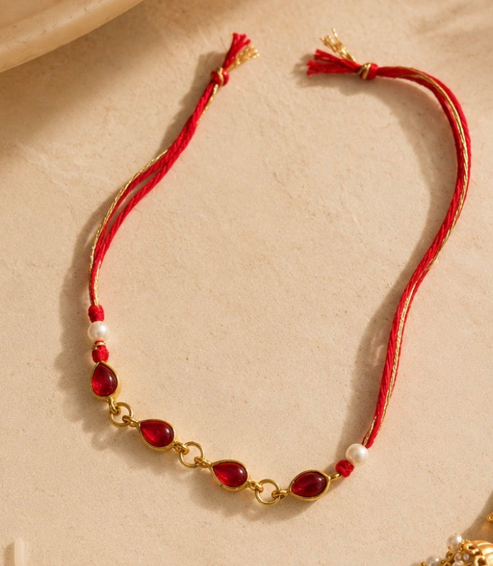 Elegant Ruby Stone Bhaiya Bhabhi Rakhi Set with Pearl Jhumki Lumba