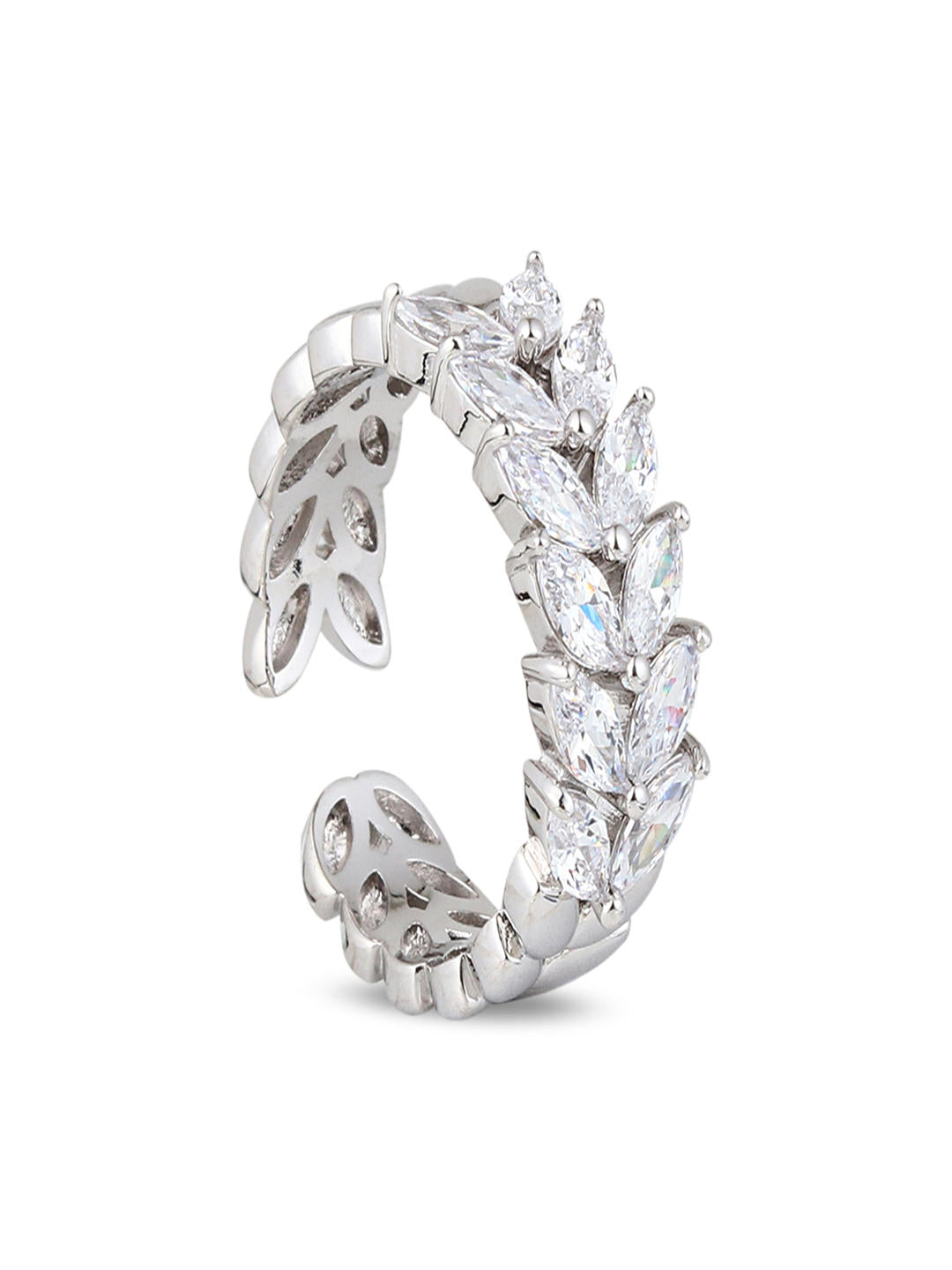 Silver Frosted Leaf Adjustable Ring with Marquise CZ Stone Design