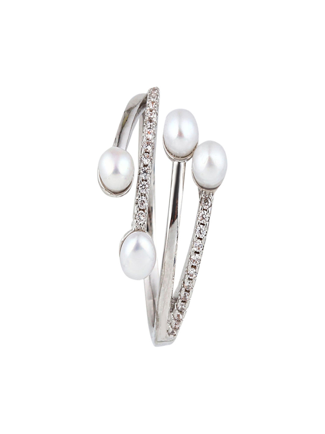 Trinity Pearl Crossover Ring – Silver